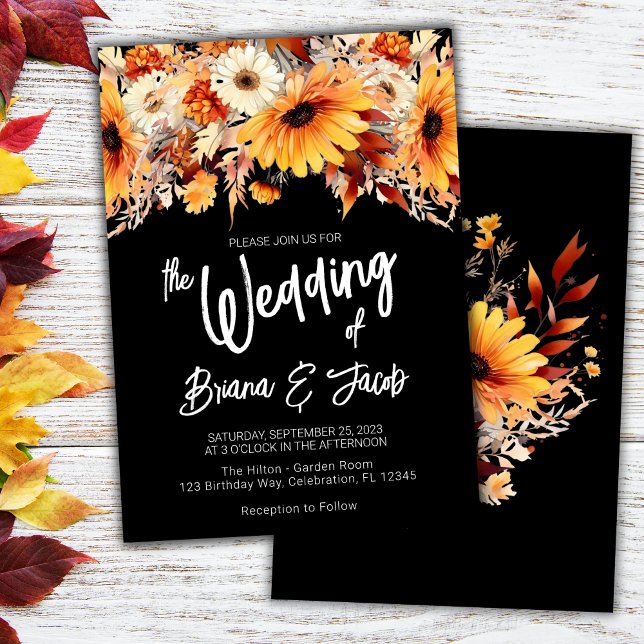 Convites Casamento Floral de Outono Preto (Criador carregado)