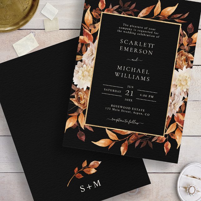 Convites Casamento Floral de Outono Preto (Black Fall Floral Wedding Invitation
)
