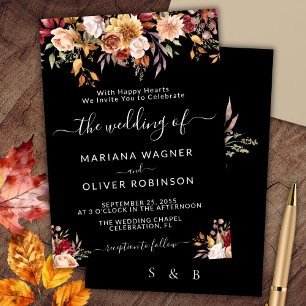 Convites Casamento Floral de Outono Preto Elegante