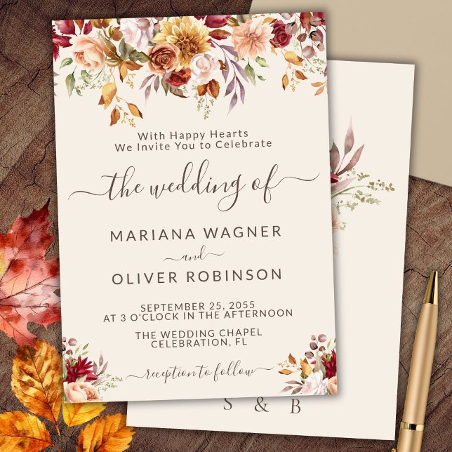 Convites Casamento Floral de Outono Romântico (Criador carregado)