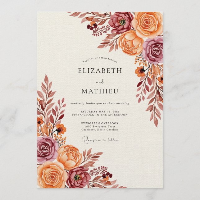 Convites Casamento Floral de Outono Rust Flourish (Frente)