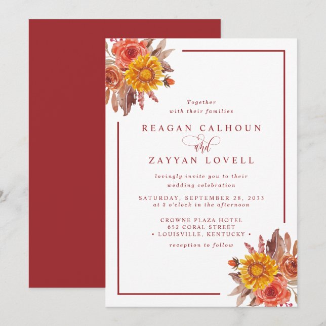 Convites Casamento Floral de Outono Rústico (Frente/Verso)