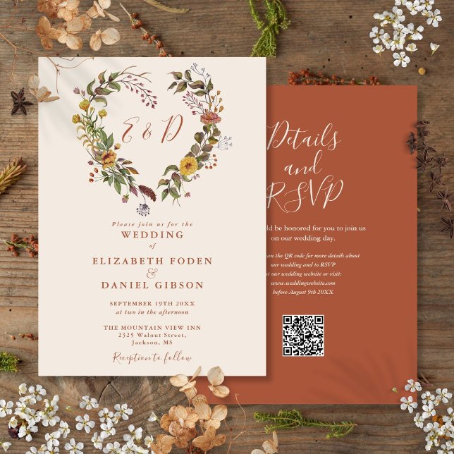 Convites Casamento Floral de Outono Rústico com Código QR (Rustic Autumn Fall Floral QR Code Wedding Invitation)