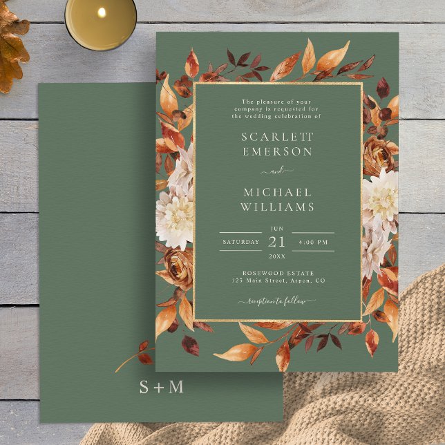 Convites Casamento Floral de Outono Verde (Sage Green Fall Copper Floral Wedding Invitation by Painted Paperie
)