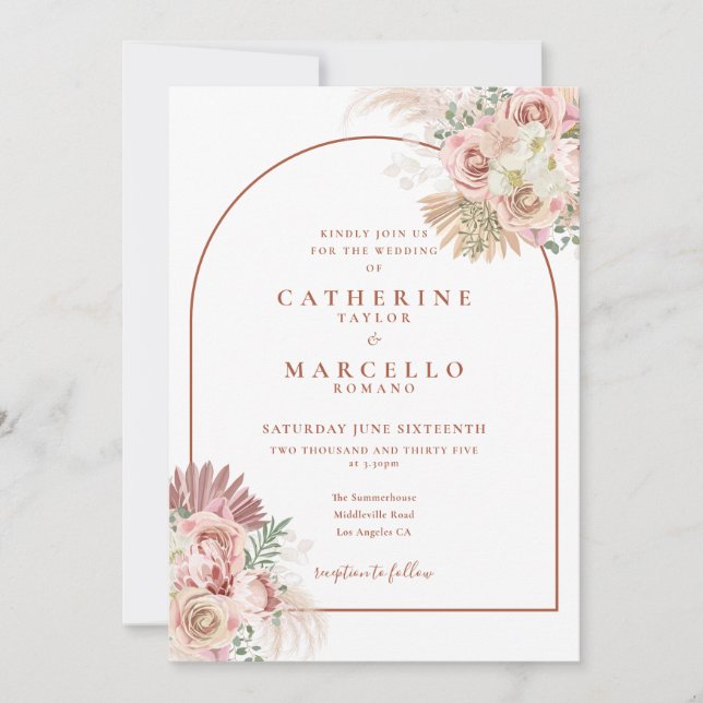 Convites Casamento Floral de Pampas Grass Terracotta Arch (Frente)