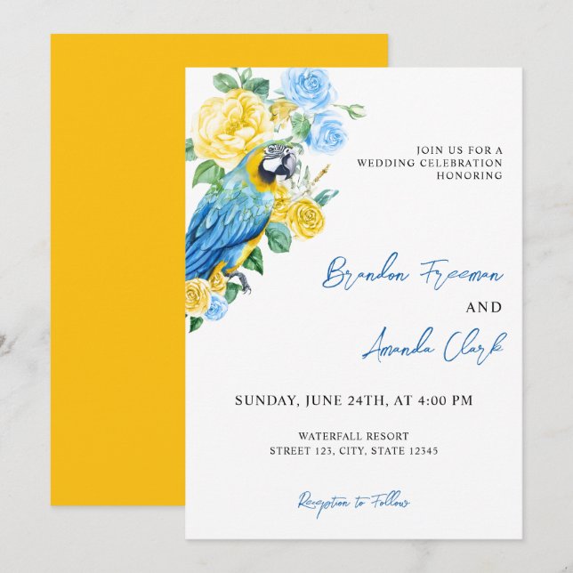 Convites Casamento Floral de Papagaio Azul e Amarelo (Frente/Verso)