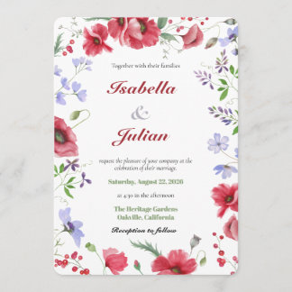 Convites Casamento Floral de Papoula Vermelha em Aquarela &