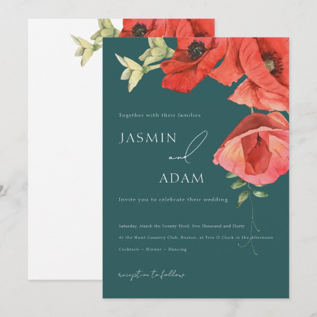 Convites Casamento Floral de Papoula Vermelha Verde Esmeral (Frente/Verso)