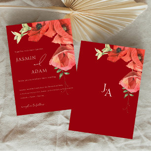 Convites Casamento Floral de Papoulas Vermelhas Elegantes