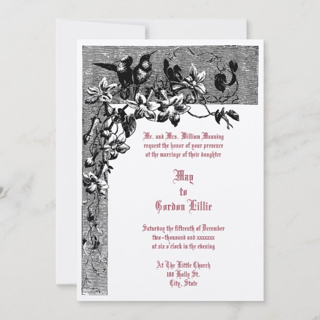 Convites Casamento Floral de Par Hummingbird Era 1874 (Frente)