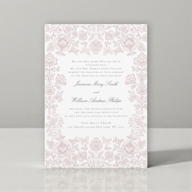 Convites Casamento Floral de Pássaro Damask Rosa Suave Capr (Criador carregado)