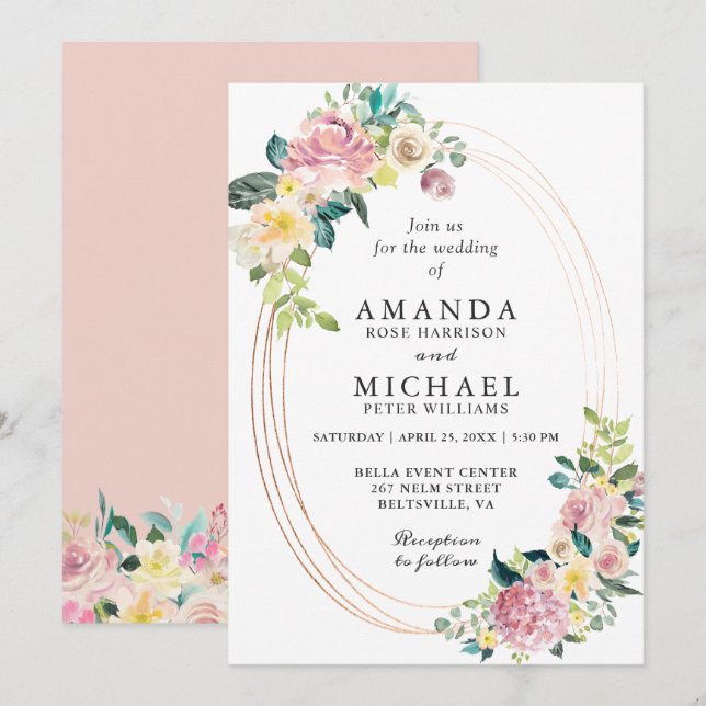 Convites Casamento Floral de Pastel Blush de Quadro Oval Mo (Frente/Verso)