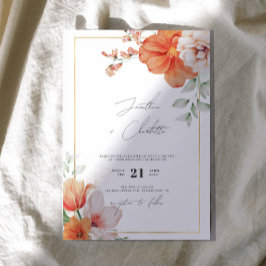 Convites Casamento Floral de Peach e Borda Dourada