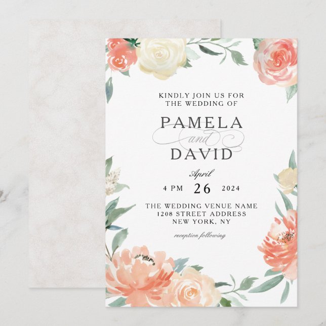 Convites Casamento Floral de Peach e Cream Watercolor (Frente/Verso)