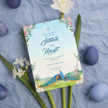 Casamento Floral de Peacock Indiano em Aquarela Az
