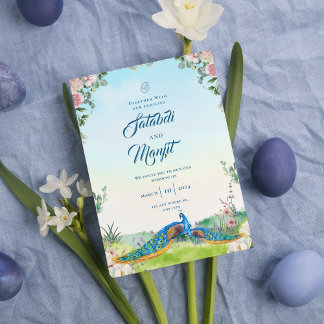 Convites Casamento Floral de Peacock Indiano em Aquarela Az