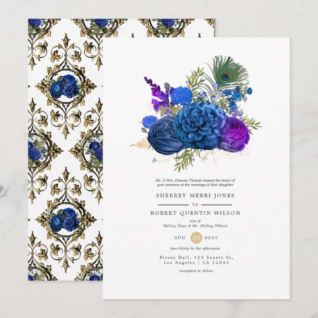 Convites Casamento Floral de Peacock marinho Azul e Dourado (Frente/Verso)