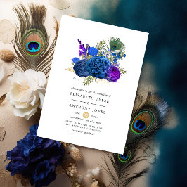 Convites Casamento Floral de Peacock marinho Azul e Dourado