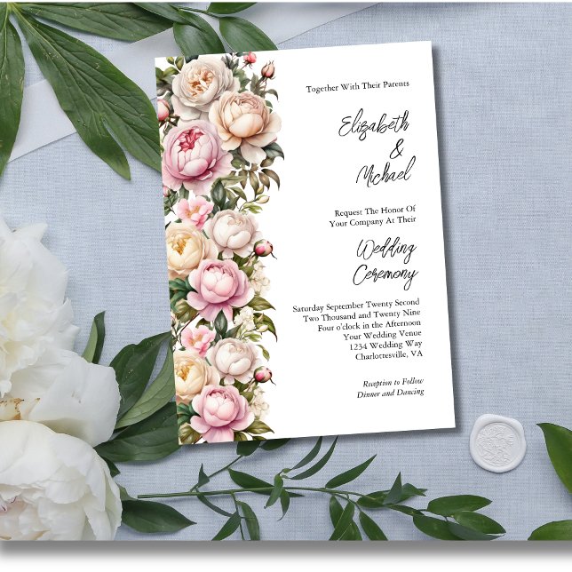 Convites Casamento Floral de Pedras Brancas Rosa Escamosas (Blush Pink White Cream Roses and Peonies Wedding Invitation Elegant and Modern)