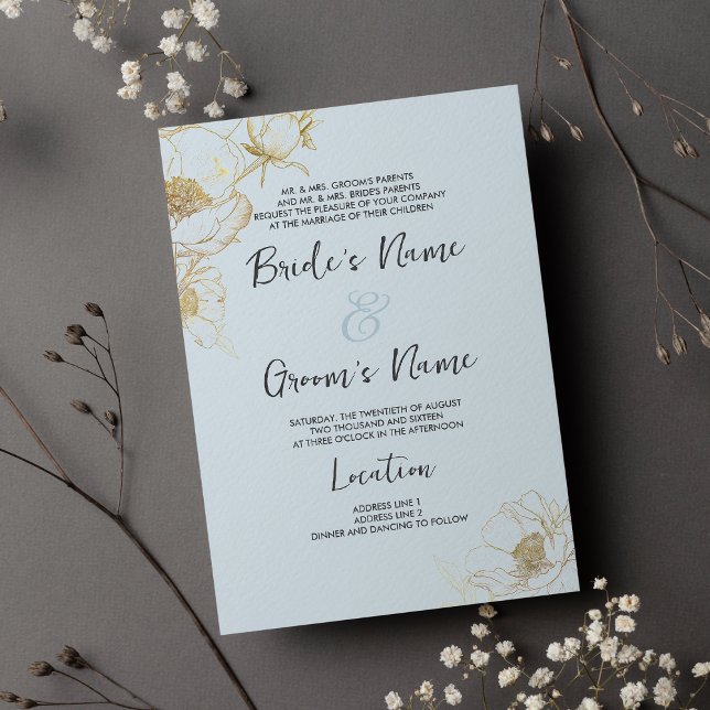 Convites Casamento floral de pedras de ouro azul-bebê (Baby blue gold glitter peony floral Wedding)