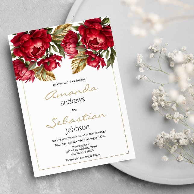 Convites Casamento floral de peões de ouro vermelho de outo (Elegant Autumn red gold peonies floral wedding)