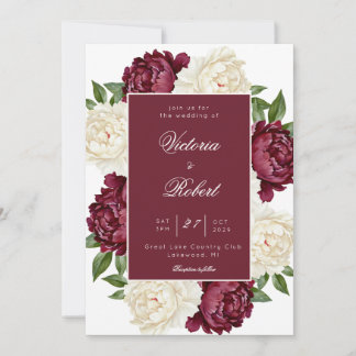 Convites Casamento Floral de Peônia Creme e Burgundy Vinho