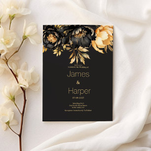 Convites Casamento floral de peônia dourada preta de luxo e