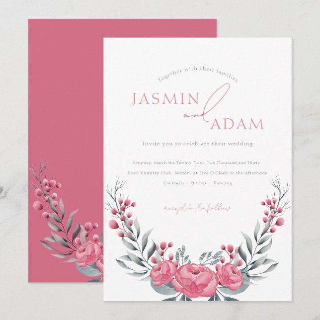 Convites Casamento Floral de Peônia Rosa Elegante (Frente/Verso)