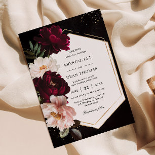 Convites Casamento Floral de Peônias com Tom de Borgonha Es