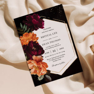 Convites Casamento Floral de Peônias Laranja Borgonha Sombr