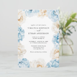 Convites Casamento Floral de Peônias Marfim Champanhe Azul 
