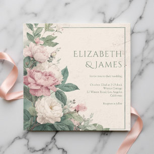 Convites Casamento Floral de Peônias Rosa em Aquarela Paste