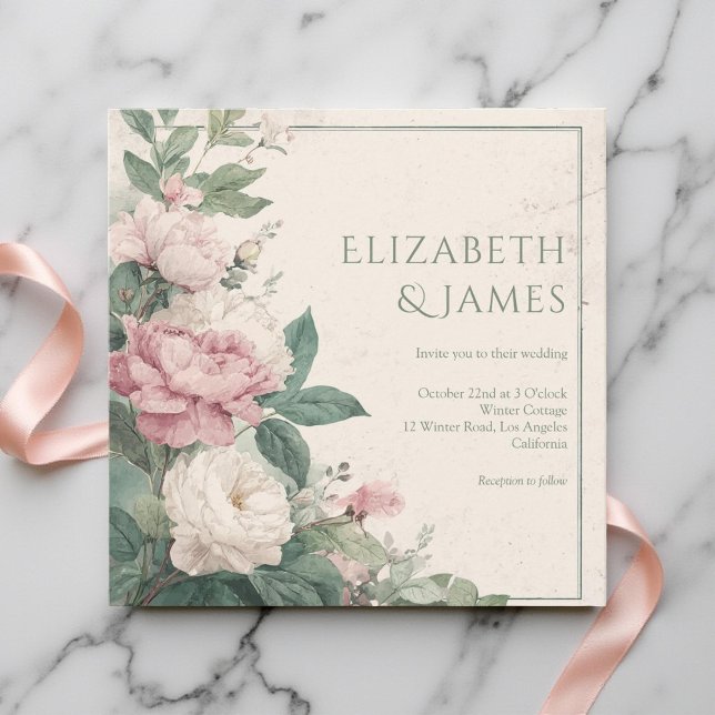 Convites Casamento Floral de Peônias Rosa em Aquarela Paste (Criador carregado)