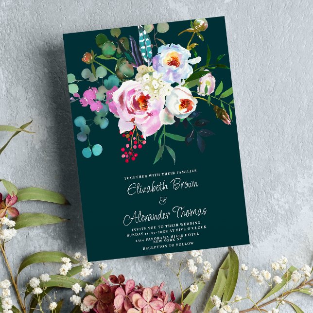 Convites Casamento floral de peônias verdes, cor-de-rosa br (Boho white pink forest green peony floral wedding)