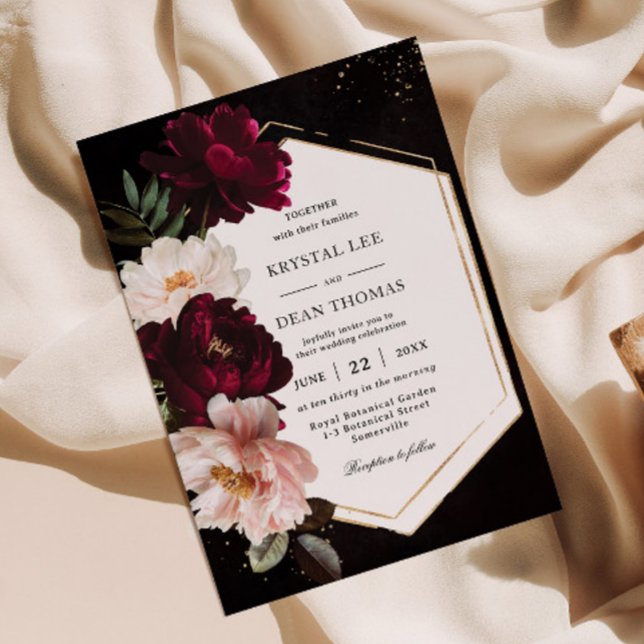 Convites Casamento Floral de Peônias Vermelho-Bordô Escuro  (Criador carregado)