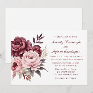 Convites Casamento Floral de Peony Burgundy Pink Watercolor