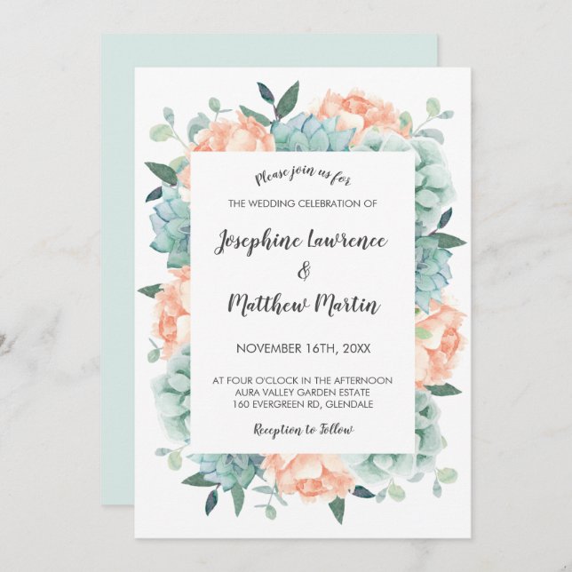 Convites Casamento Floral de Peony e Succulents Watercolor (Frente/Verso)
