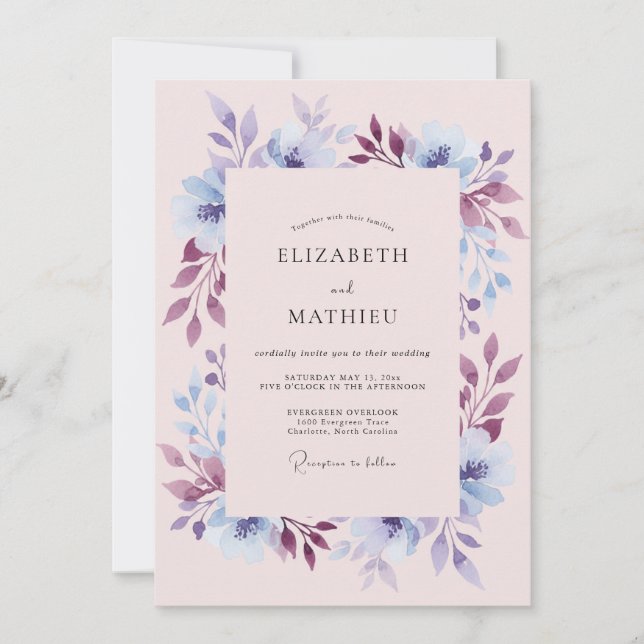 Convites Casamento Floral de Periwinkle na Floresta (Frente)