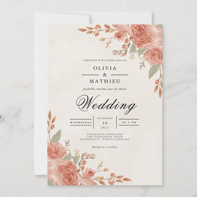 Convites Casamento Floral de Pêssego (Frente)