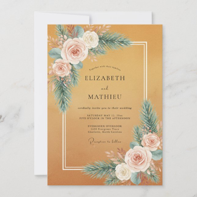 Convites Casamento Floral de Pêssego (Frente)