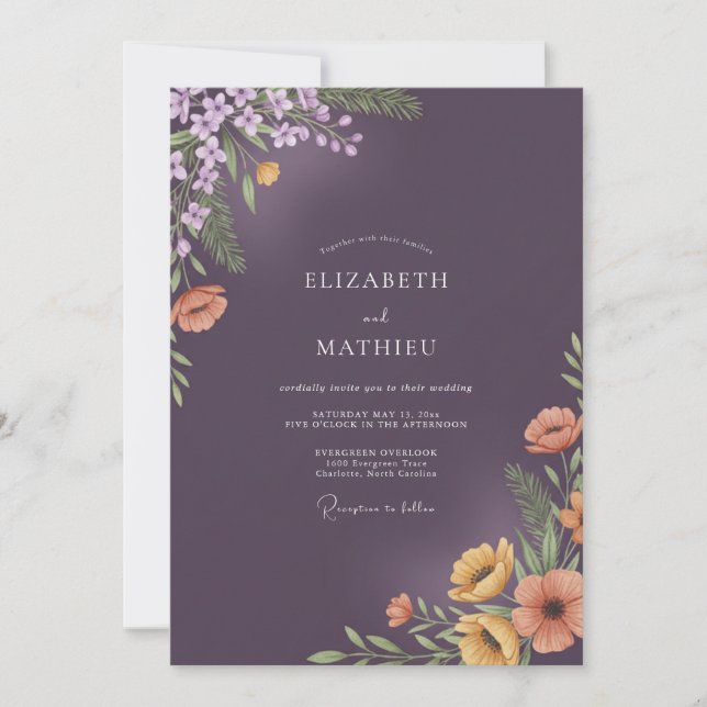 Convites Casamento Floral de Pêssego Ameixa Profunda (Frente)