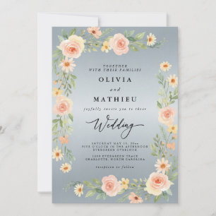 Convites Casamento Floral de Pêssego Azul
