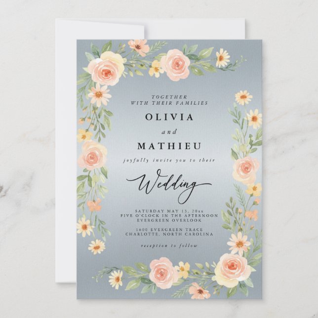 Convites Casamento Floral de Pêssego Azul (Frente)