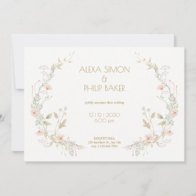 Convites Casamento Floral de Pêssego Branco (Frente)