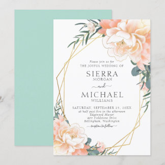 Convites Casamento Floral de Pêssego Dourado com Blush Verd