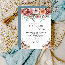 Convites Casamento Floral de Pêssego e Azul-poeirento