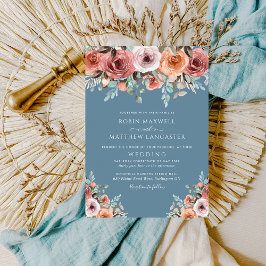 Convites Casamento Floral de Pêssego e Azul-poeirento