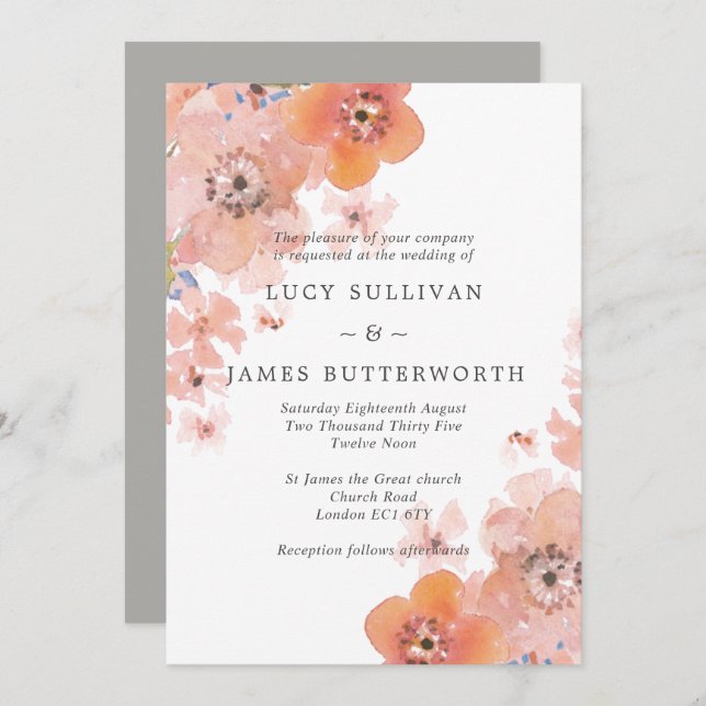 Convites Casamento Floral de Pêssego e Cinza (Frente/Verso)
