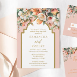 Convites Casamento Floral de Pêssego e Dourada Aquarela