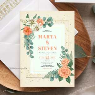 Convites Casamento Floral de Pêssego e Folhagem de Eucalipt